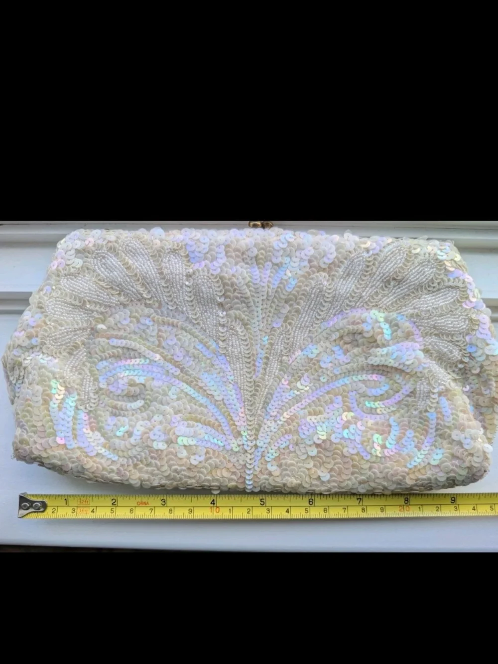 VTG 60s Josef Beaded Sequin Clutch Purse Cream Iridescent Hand Beaded In France